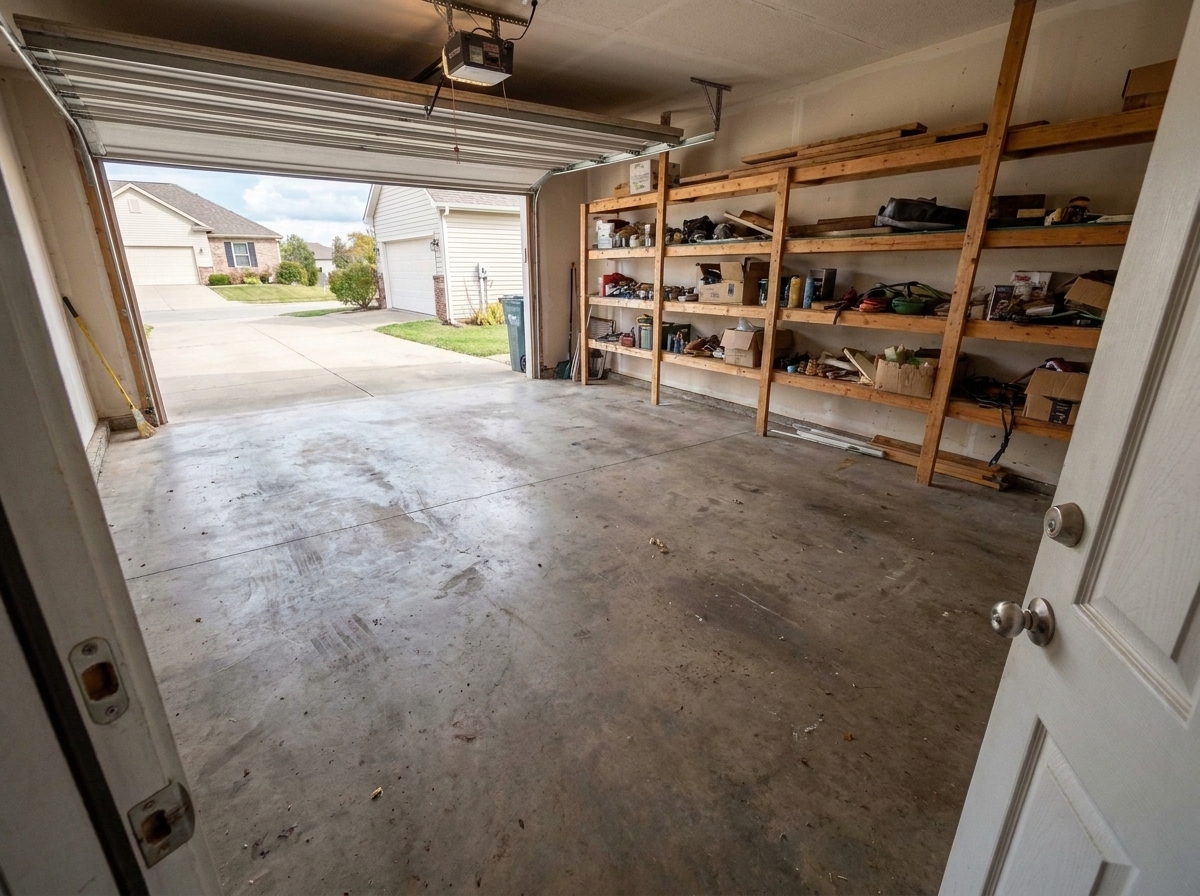 Same garage cleared out and swept clean after junk removal