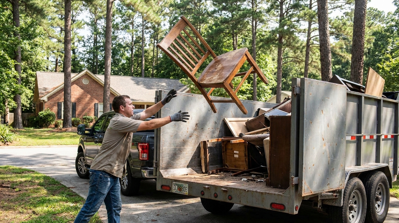 Junk removal worker tossing an old chair into a hauling trailer