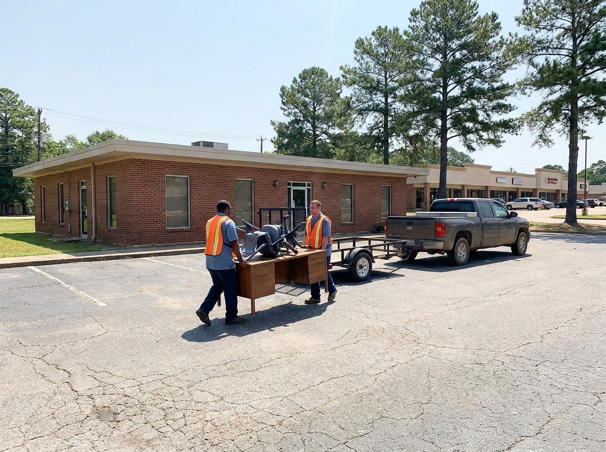 Junk removal crew carrying office furniture out of a commercial building