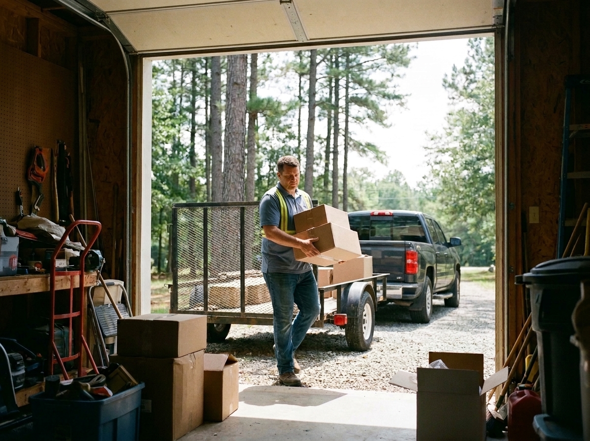 Junk removal worker carrying boxes out to the trailer during a residential cleanout