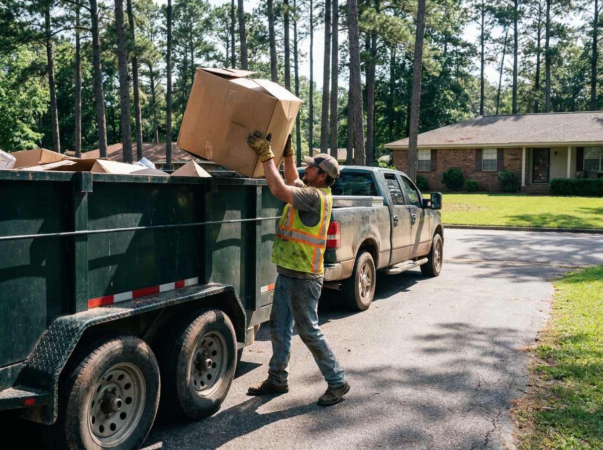 Junk removal truck backed into a driveway with a crew member carrying items out